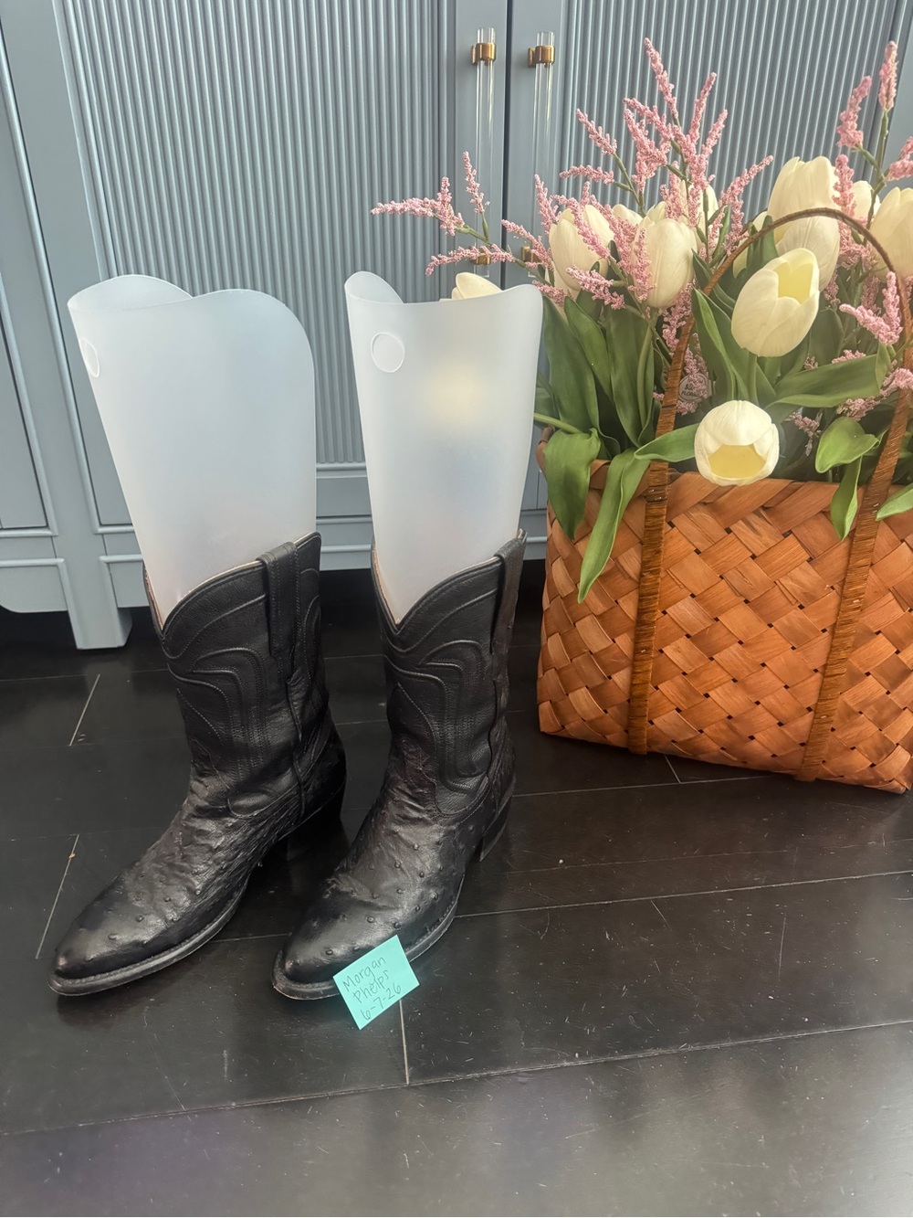 Tecovas Black Leather Ostrich Cowboy Boots